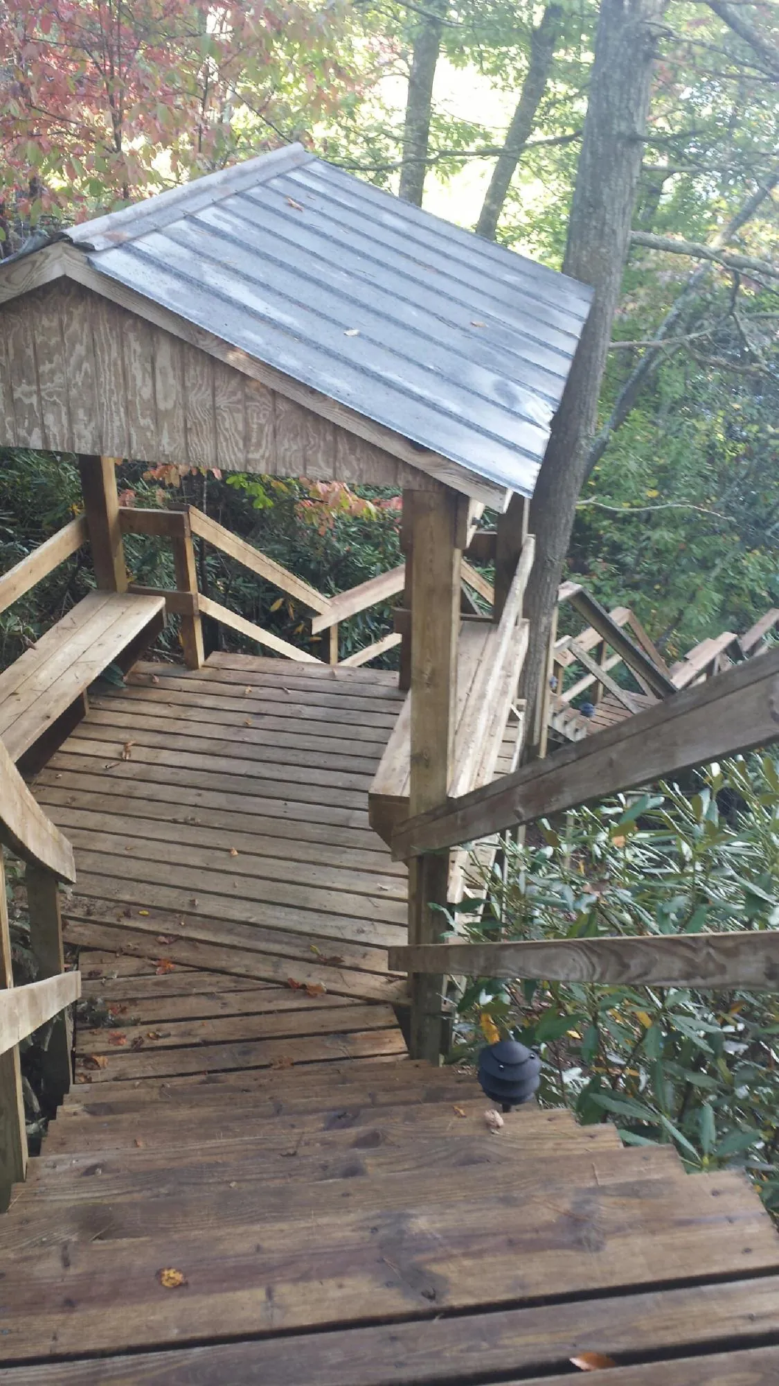 Metal roofed shelter over wooden steps on a wooded walkway — Skylight Repair & Installation work by our crew in Italy